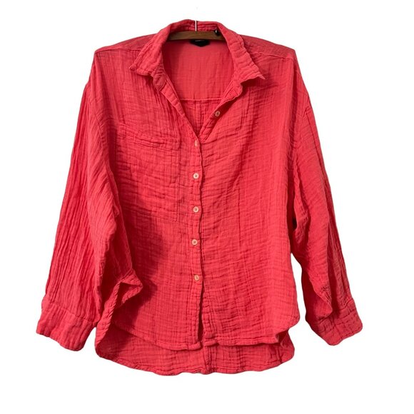 UO Out From Under Womens Coral Gauzy Cotton Slub Hi Low Button Shirt Size Medium - Picture 1 of 5